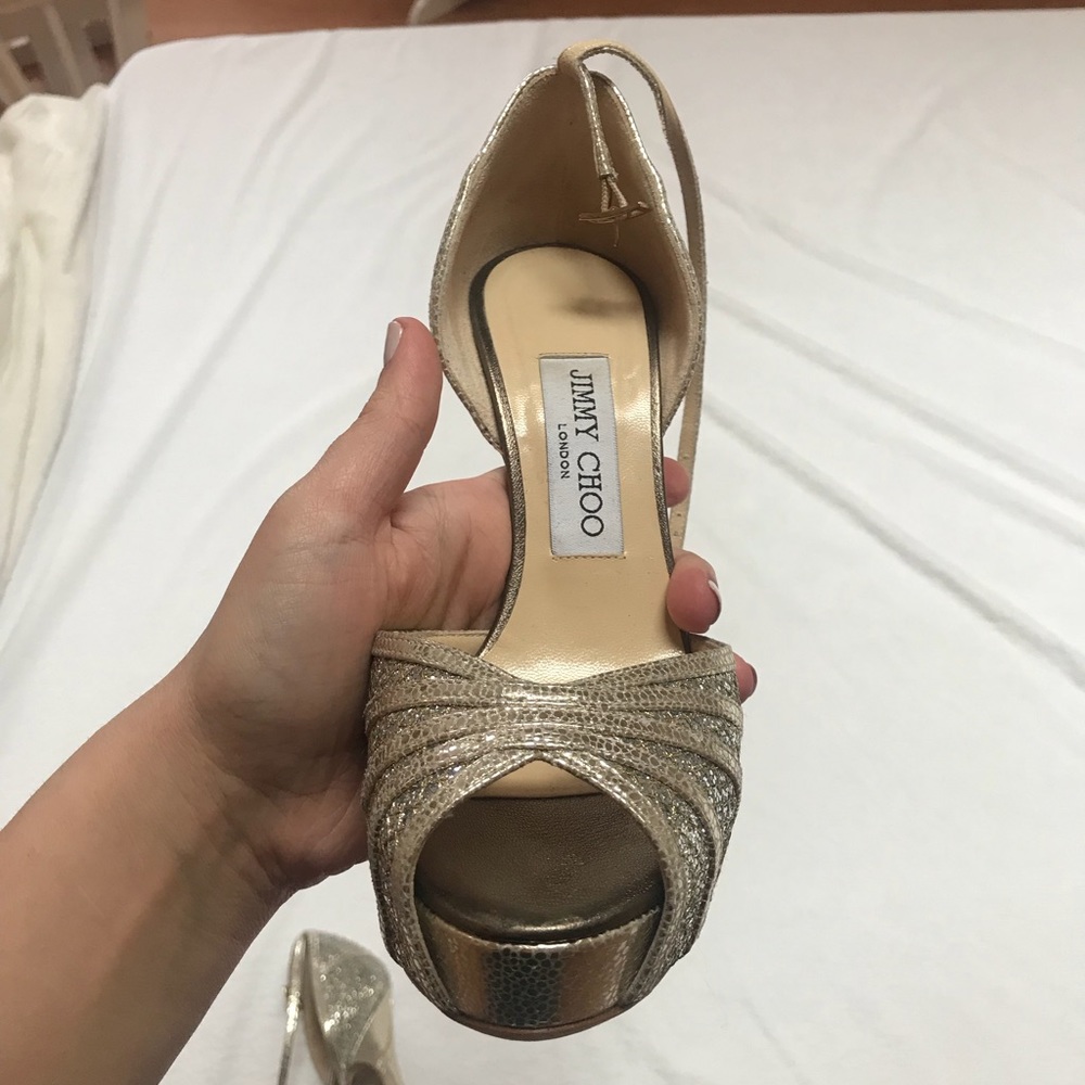 Jimmy Choo Silver evening peep toe pumps